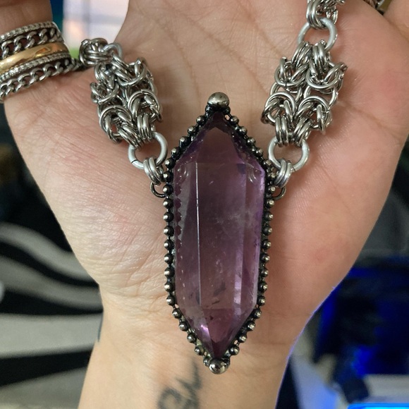 Handmade stainless steel maille necklace genuine big amethyst purple crystal - Picture 8 of 12